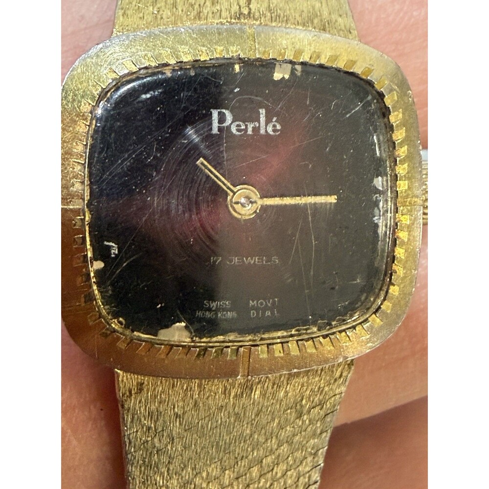 Vintage Perlé Ladies 17 Jewels Swiss Manual Wind Gold Tone Watch Working